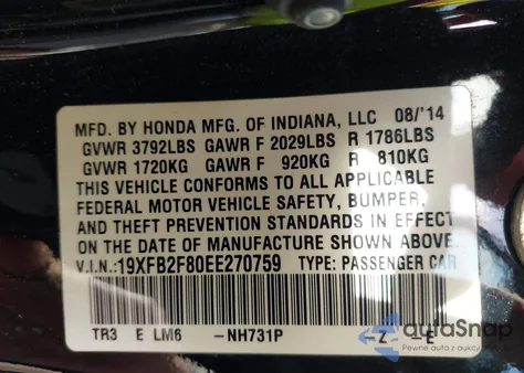 2014 Honda Civic Ex z USA, uszkodzony, nr VIN 19XFB2F80EE270759